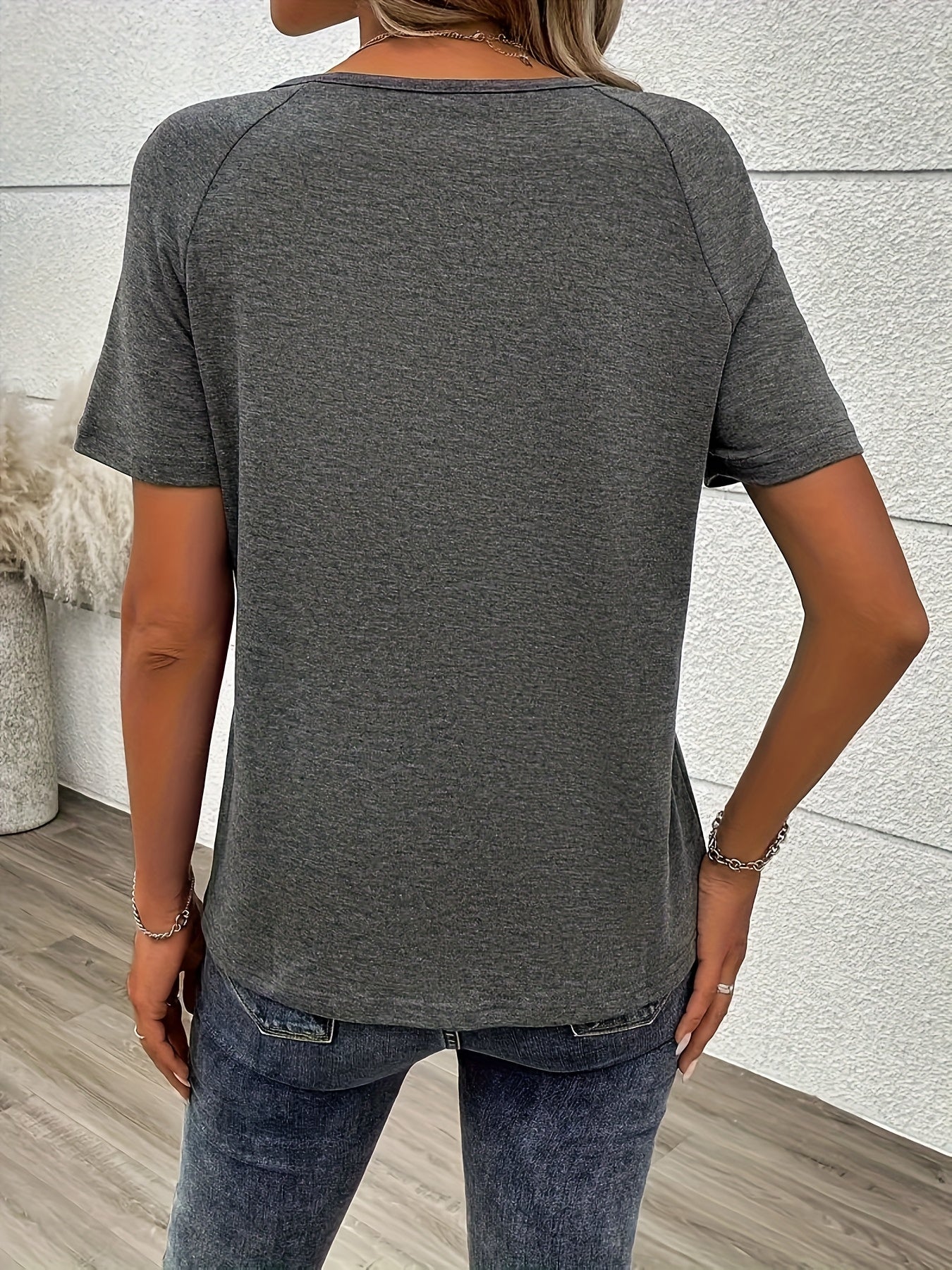 Women's Letter Print V-Neck Zip Detail T-Shirt - Soft Polyester, Machine Washable, Elegant Casual Everyday Top