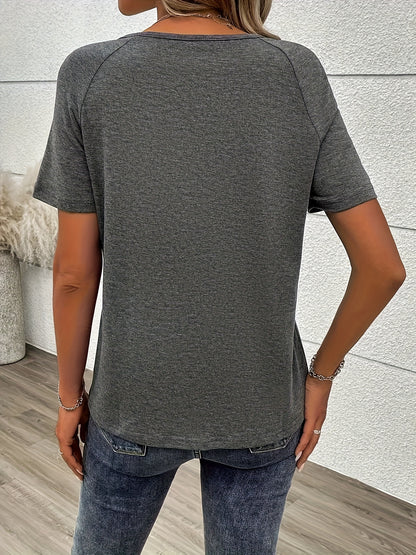 Women's Letter Print V-Neck Zip Detail T-Shirt - Soft Polyester, Machine Washable, Elegant Casual Everyday Top