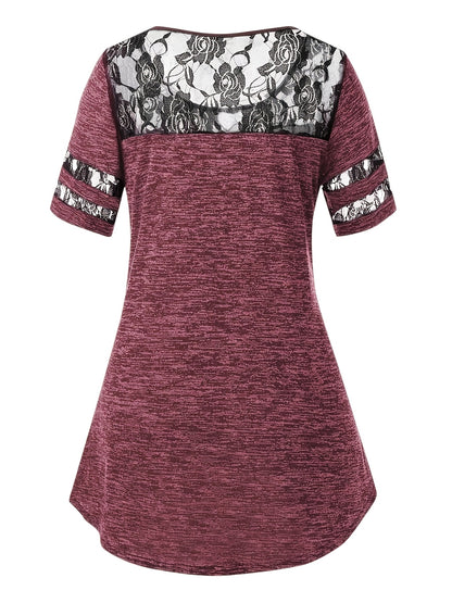 Plus Size - Plus Size - Women'S Plus Size Lace Trim Blouse Tops, Flattering V-Neck Tunic Shirt, Casual Dressy Elegant Tops, Flowy Tunic Top with Lace Sleeves, Comfort Stretch Blouse for Women, Loose Fit Shirt, Sizes XL-5X