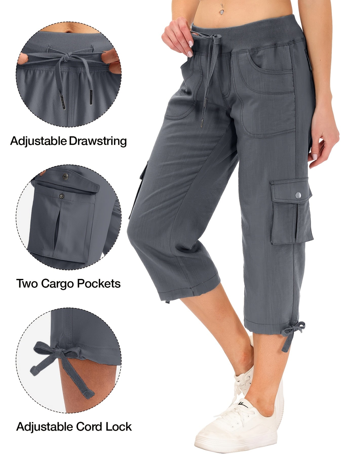 Women's Cargo Capri Hiking Pants Quick Dry Lightweight Travel Casual Workout 50+ Button Pockets