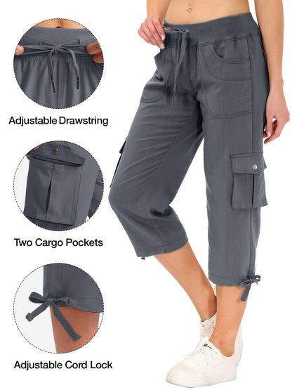 Women's Cargo Capri Hiking Pants Quick Dry Lightweight Travel Casual Workout 50+ Button Pockets