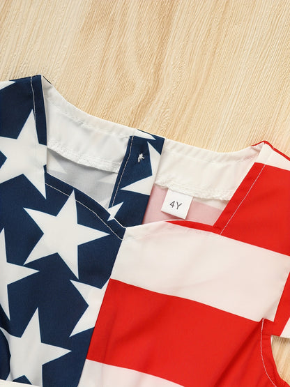 Girls' Independence Day Outfit - Short Sleeve Twirl Dress in Red, White & Blue Stripes And Stars, Ideal for Summer Festivities on The 4Th of July