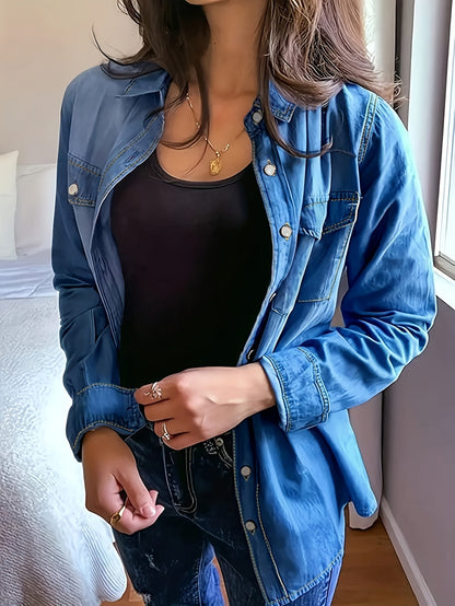 Denim Shirt Women's, Casual Jeans Western Style, Long Sleeved Button Up Top