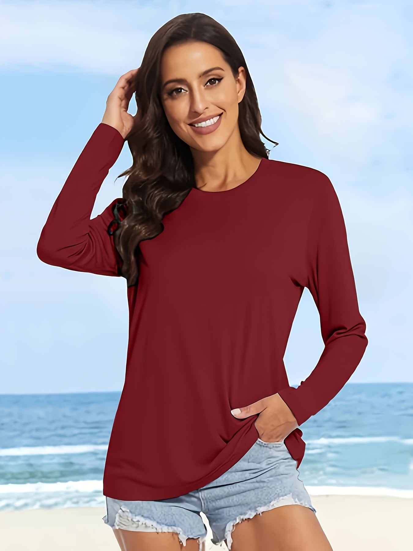 10pcs Women'S Long Sleeve Crew Neck T-shirts - Casual Solid Colour Tops - Fine Beaded Ground Fabric For And Outdoor