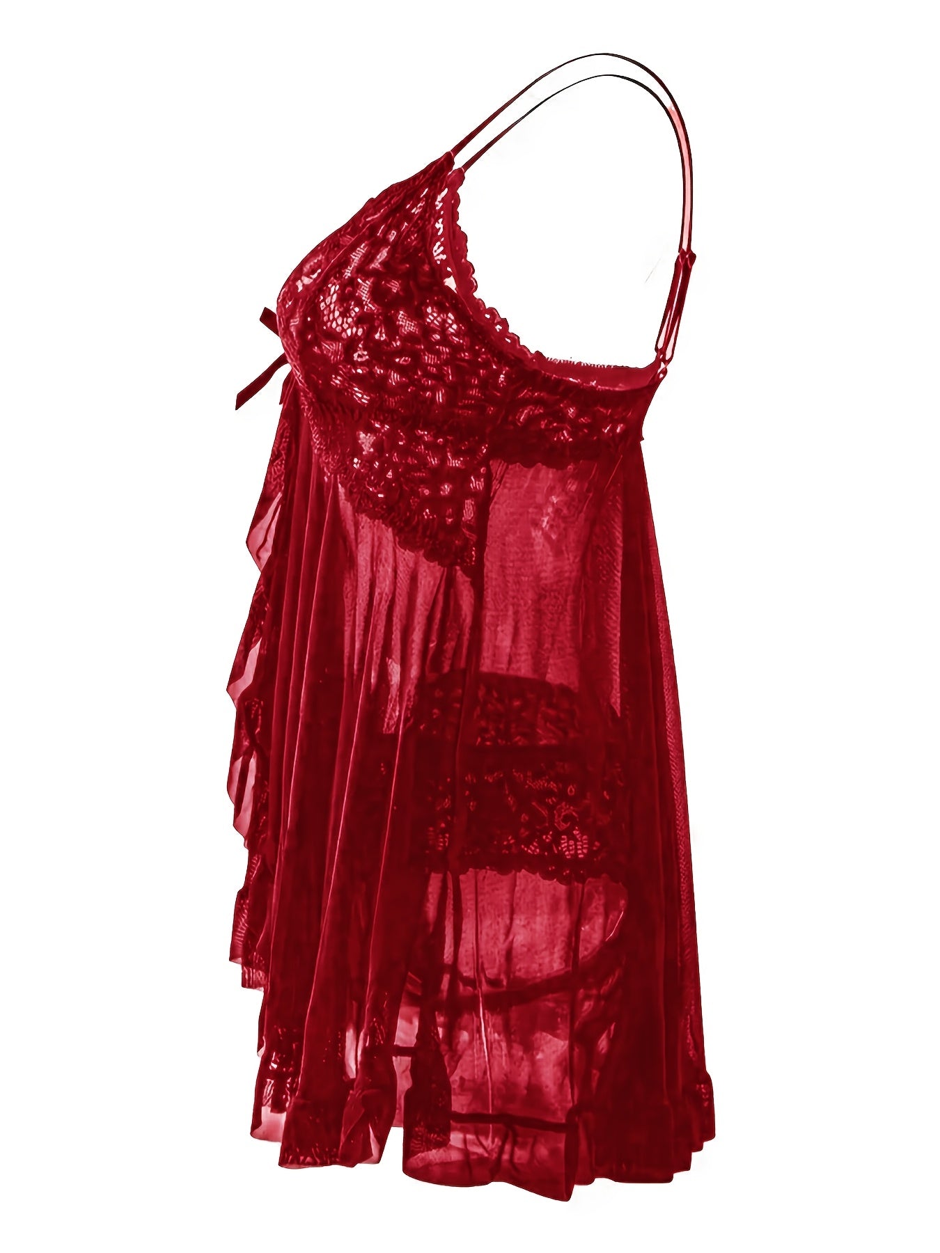 Big Size Sultry Valentine Lace Sleepwear Dress Set - Exquisite Lace, Flattering V-Neckline, Daring Backless Design, Delicate Ruffle Trim, Trendy Split Hem, Seductive Thong Detail, Ultra-Comfortable Fabric, Perfect For Romantic Night, Anniversary Gift