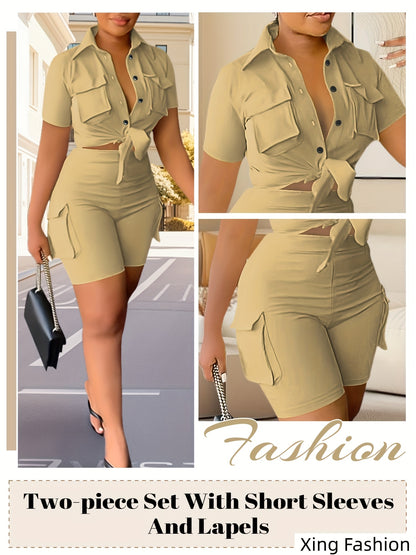 Women 2pcs Outfits Summer Casual Short Sleeve Button Top Biker Shorts with Pockets Solid Color Streetwear Set