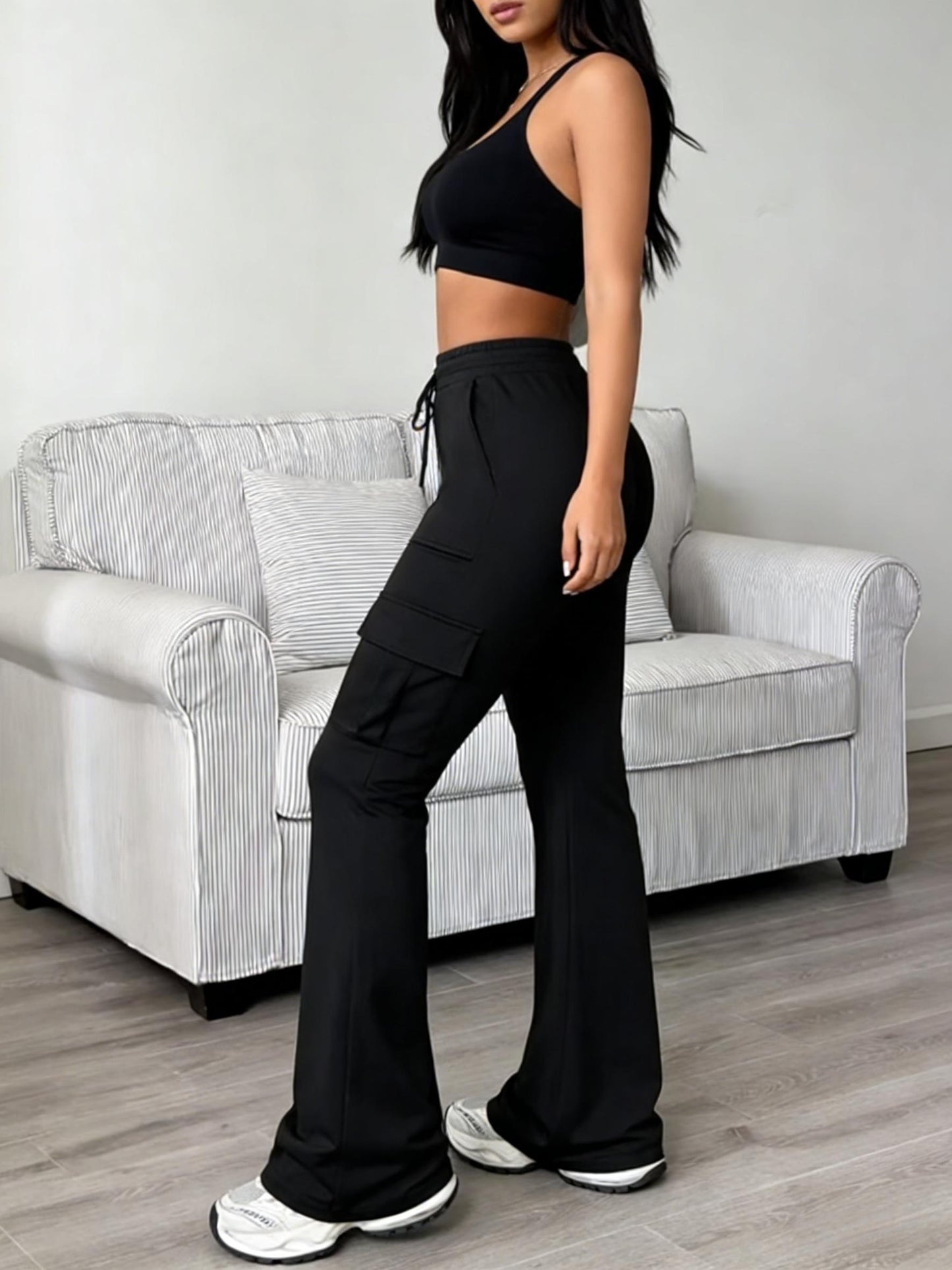 Women'S Solid Color Casual Drawstring Wide-Leg Sweatpants With Pockets, Elastic Waist Micro Flare Cargo Pants, Stretchy Pants For Daily Casual & Wear