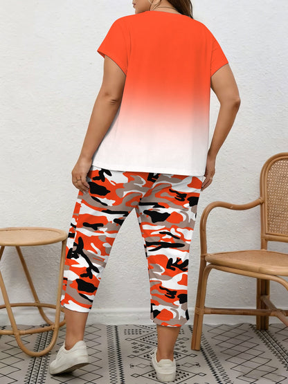 Plus Size, Spring/Summer Plus Size Women's 2pcs Set, Gradient Print And Queen Print, Round Neck Top with Capri Pants, Suitable for Home, Leis And Outings