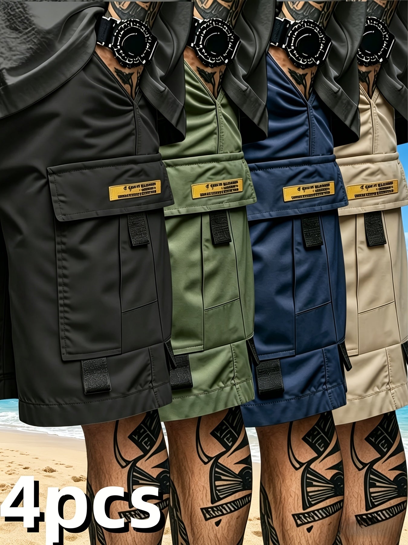 4pcs Men's Cargo Shorts, Elastic Waist Drawstring, Quick Dry Workout Shorts with Multi Pockets, for Gym, Fitness, Golf & Outdoor Activities, Loose Fit Casual Workwear- Breathable & Lightweight, Elastic Drawstring Waist, Multi-Pocket Design