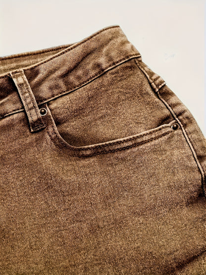 High Waisted Brown Washed Vintage Western Denim Style Stacked Elastic Horseshoe Slightly Flared Pants