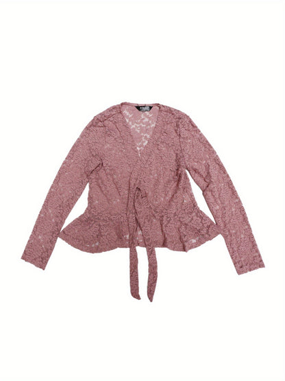 Women's Sheer Crop Bolero Cardigan - Semi-Sheer Lace Shrug with Ruffled Hem & Tie-Front Closure, Blouse for Sleeveless Dresses/Tank Tops (Machine Washable, Spring/Summer Wedding/Office/Cardigan) - 90% Nylon/10% Spandex