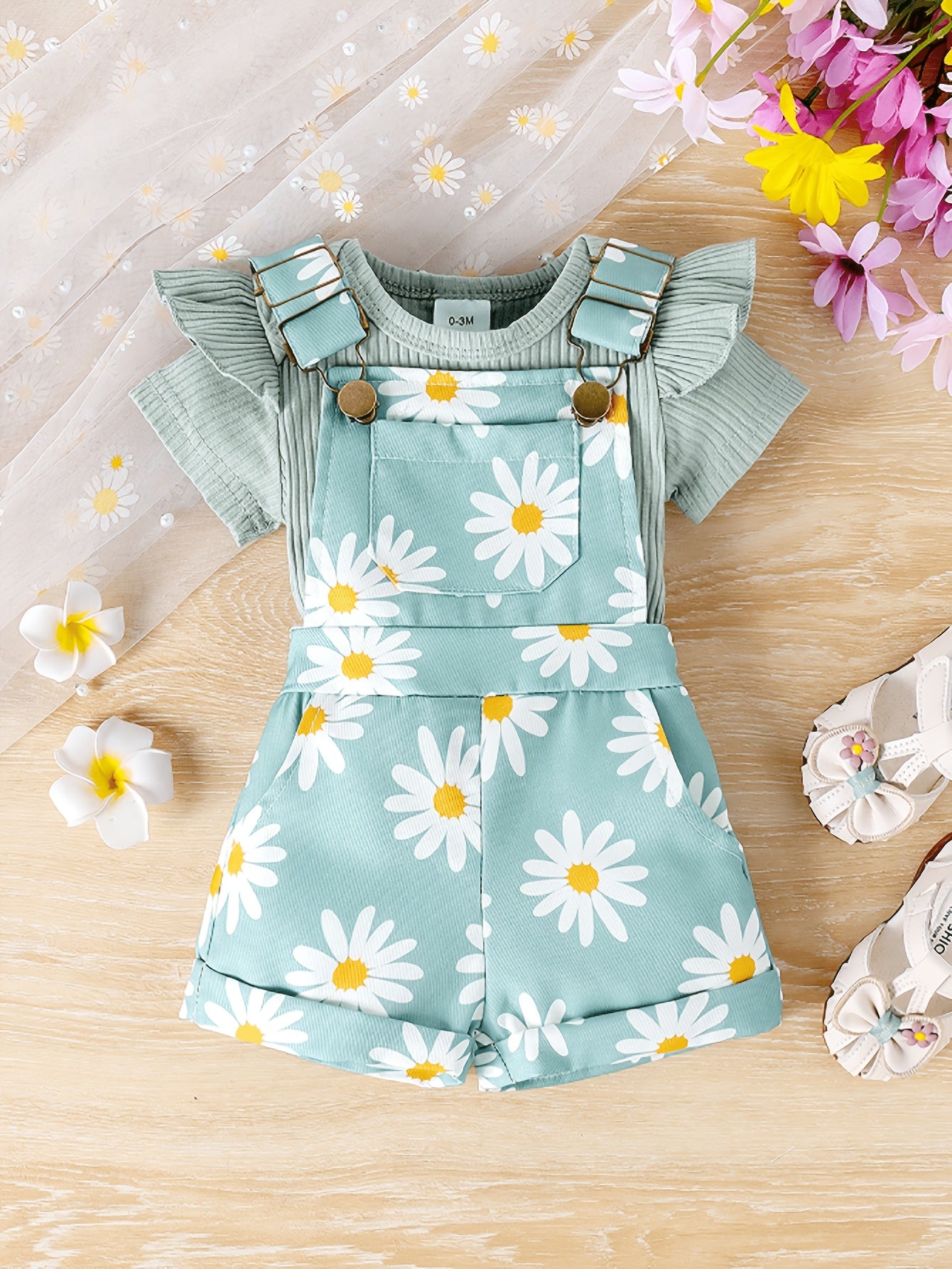 Random 1 Sets Baby Girl Clothes Ribbed Short Sleeved Triangular Jumpsuit Printed Overalls Set, for Outdoor