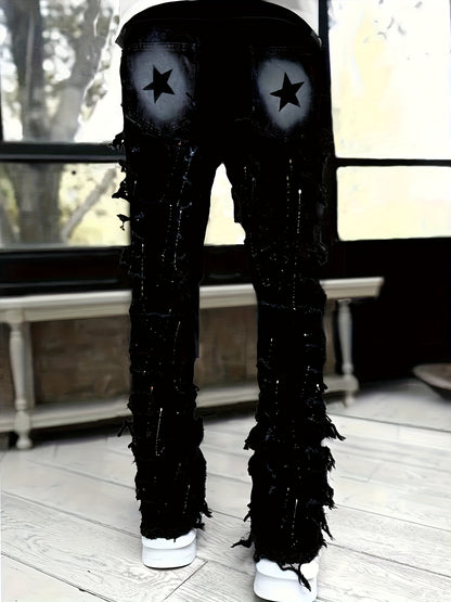 Men'S Star Print Fashion Layered Tassel Jeans
