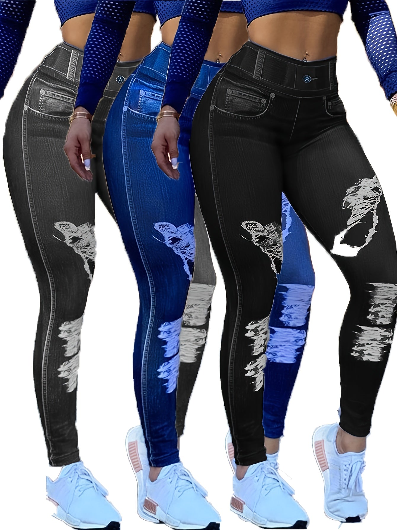 [Printed Pants - Not Denim Fabric] 3pcs Women's High Waist Skinny Faux Denim Leggings - Stretchy Faux Denim Pants, All-Season Comfort, Casual Everyday Faux Denim|Fashionable Faux Denim|Stretchy Fabric