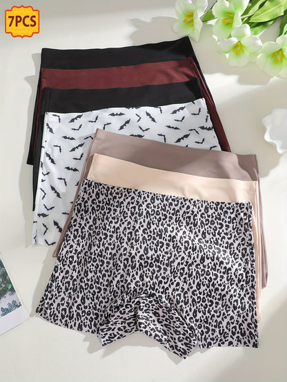 7pcs Women's Seamless Boxer Shorts - Elegant Leopard Print Underwear, Breathable Skin-Friendly Mid-Rise Boxers Suitable for Daily Wear, Casual & Office - Soft Non- Pants for Comfortable Everyday Use