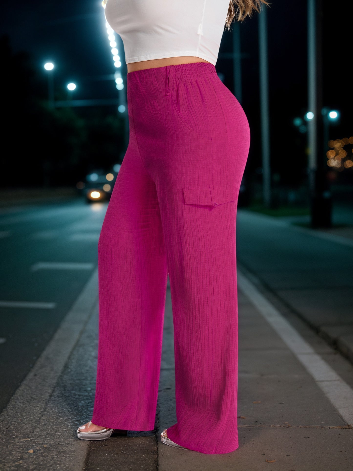 Plus Size - Plus Size - High-Waisted, Elastic-Waist Cargo Pants for Women with a Loose Fit, Wide Legs, And Practical Pockets, Perfect for Casual Travel