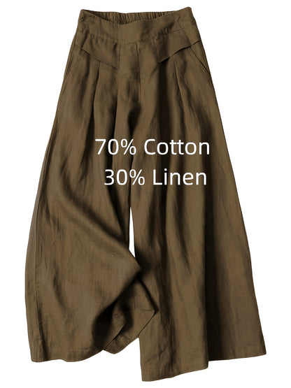 Women' Boho Linen Palazzo Wide Leg Pants - Elastic Capri Trousers with, 7/8 Length Culottes Suitable for Spring Summer Fall, Casual Solid Color Elastic Pants for Outfits & Casual Attire