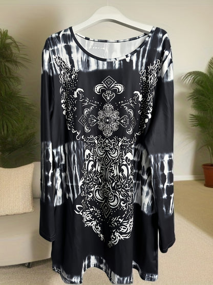 Plus Size, Plus Size Boho Top, Women's Plus Tie Dye Arabesque Print Long Sleeve Round Neck Slight Stretch Tunic Top