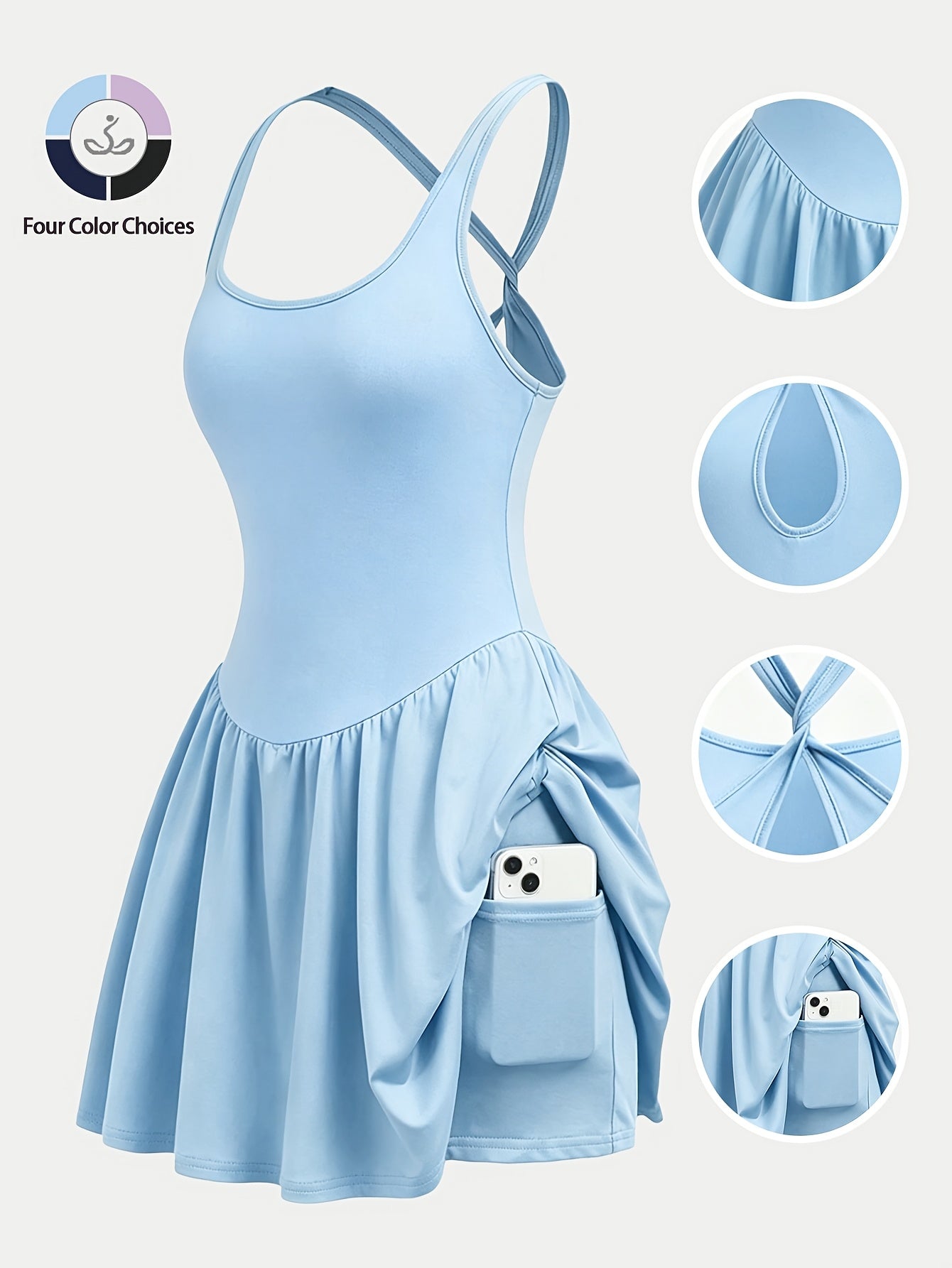 Womens Sleeveless 2-in-1 Athletic Tennis Golf Dress, Underneath Workout Dresses With Built-in Shorts Pocket, Workout Jumpsuits For Women Tummy Control With Double Lined Outfits.