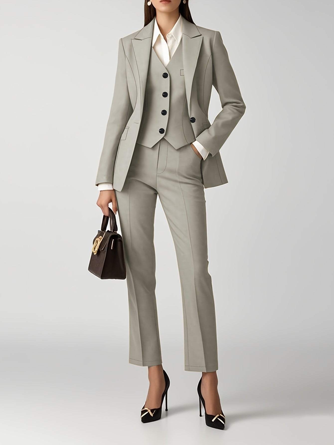 Autumn and Winter Women's Solid Color Casual Elegant Long Sleeve Suit Jacket, Slim Fit Blazer with Single-Breasted Short Sleeve Vest Top, Slim Fit Pants, Professional 3pcs Suit Set for Outdoors Office Wear