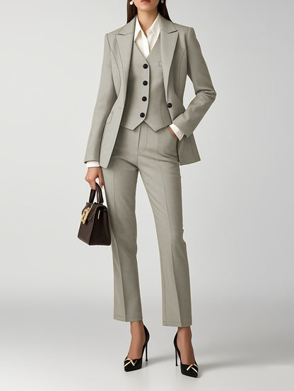 Autumn and Winter Women's Solid Color Casual Elegant Long Sleeve Suit Jacket, Slim Fit Blazer with Single-Breasted Short Sleeve Vest Top, Slim Fit Pants, Professional 3pcs Suit Set for Outdoors Office Wear