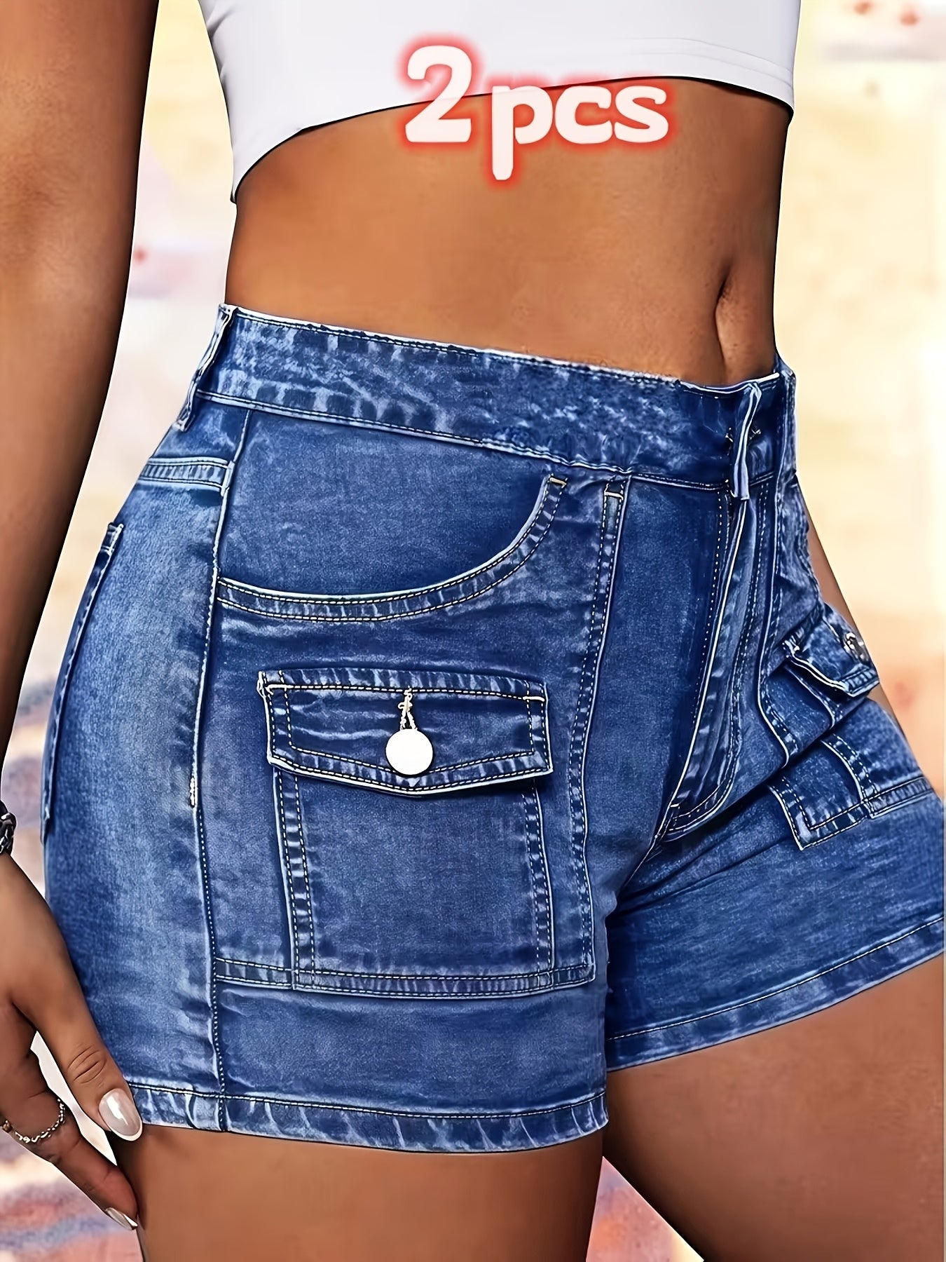 2pcs Women's Stretch Denim Shorts with Cargo Pockets & Built-In Zipper - Mid-Stretch Machine-Washable Durable Washed Denim Shorts Suitable for Fitness, Casual Wear, Spring/Summer Shorts, Cargo Shorts for Outdoor Activities, Gym Shorts