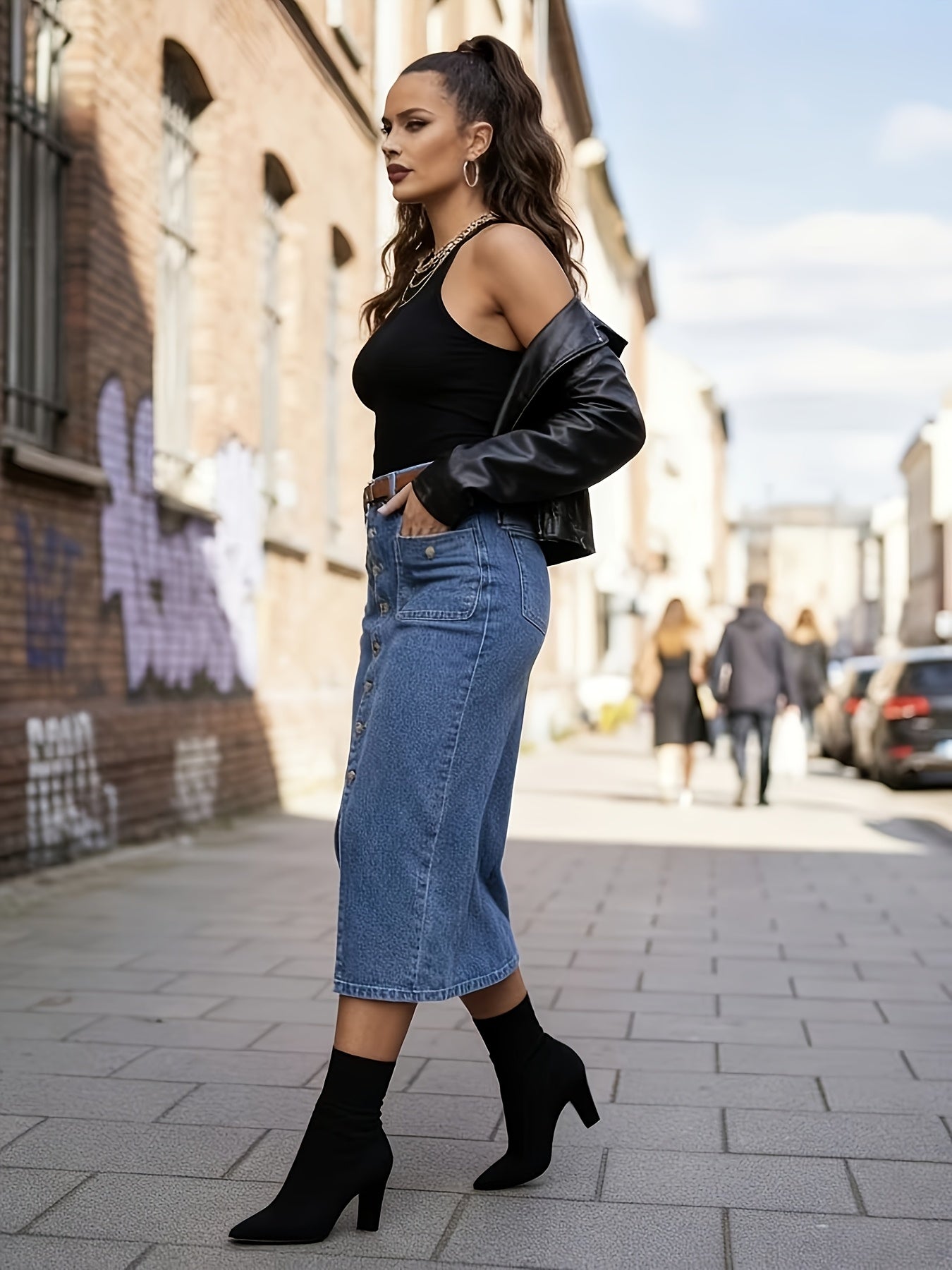 Women's Button- Denim Midi Skirt - High-Waisted Slim Fit with Slit; Features A Full Button- Design with A Subtle Slit for A Touch Of Flair.A Classic Denim Skirt Perfect for Spring And Summer Styling.