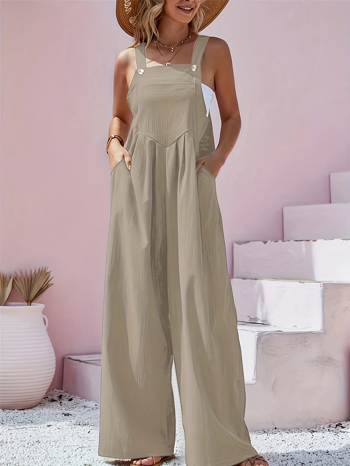 1pc Polyester Women's Sleeveless Cami Jumpsuit Wide Leg Pants, Black Friday/Christmas Wear, Spring/Summer/Fall Casual/Dating, Versatile Machine Washable, Perfect for Summer Vacations, Christmas, Black Friday, Casual Outings, Beach Wear, Parties