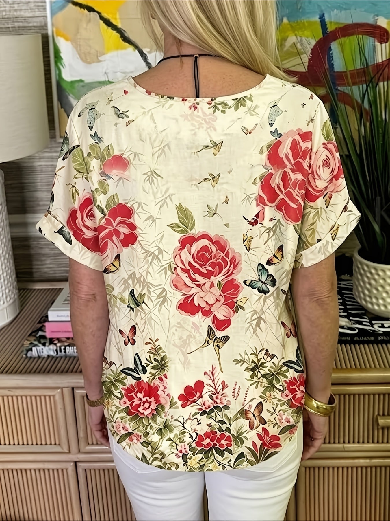 Women's Summer New Casual Loose Fashion Color Blocked Pleated V-neck Printed Top Fabric Soft and Comfortable, Versatile for Daily Use