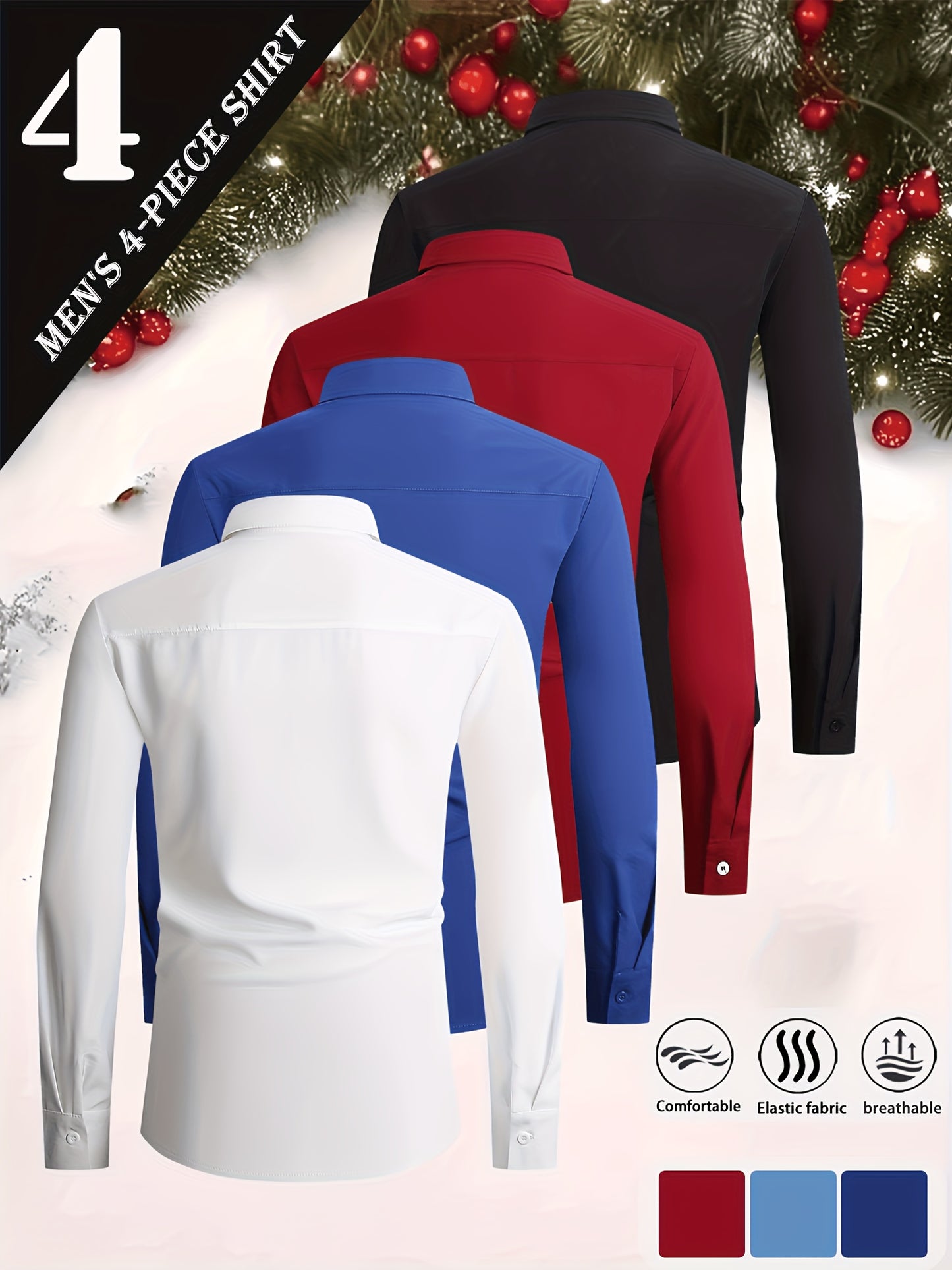 4pcs Men'S Formal Shirt Casual Shirt, Classic Button Up Long Sleeved Shirt, Solid Color Series, 97% Fiber, 3% Spandex, Skin Friendly And Breathable, Suitable For Business, Outdoor Leisure, Wedding Banquets, Dates, All Seasons