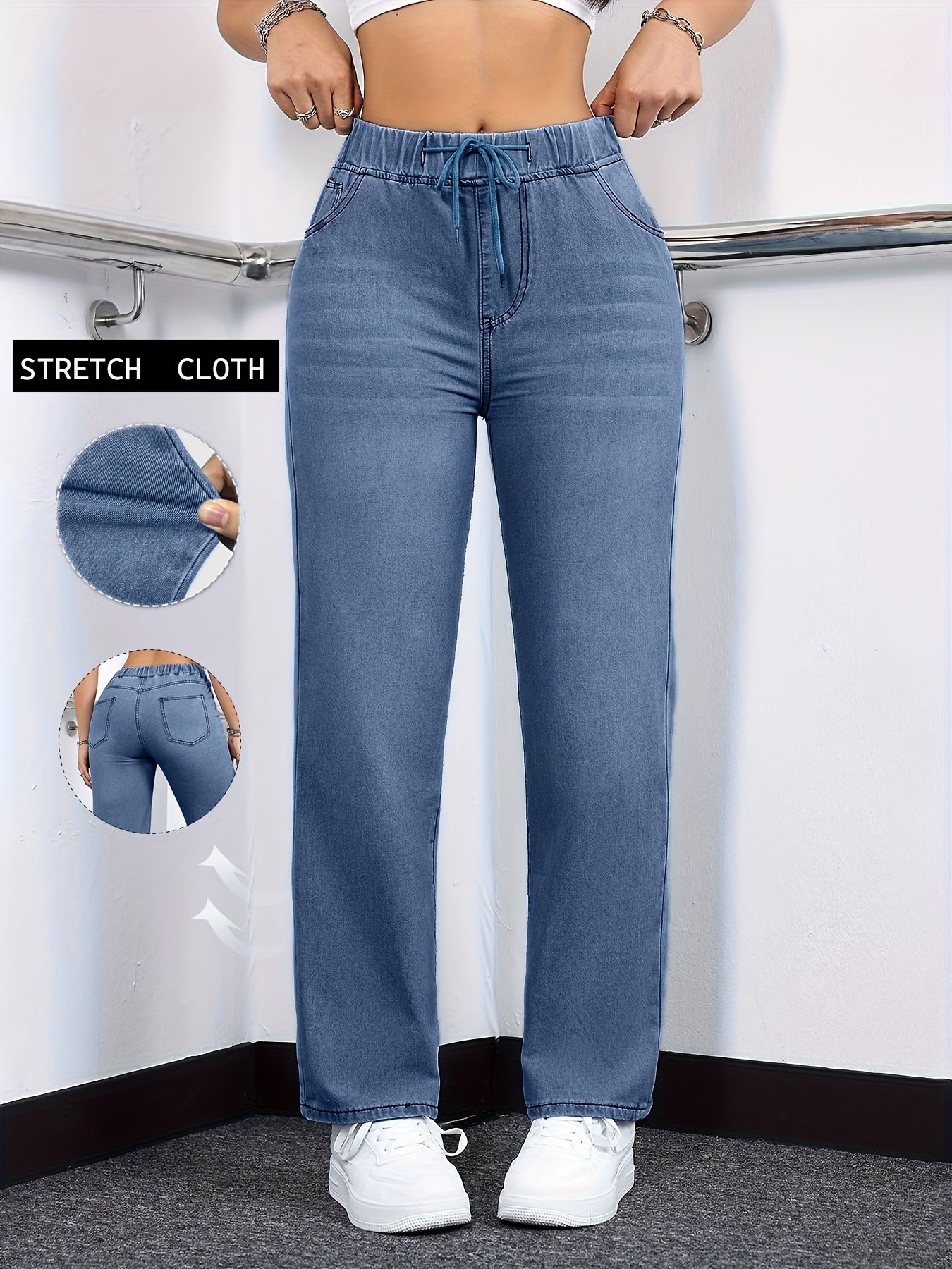 [Drawstring Waist Jeans] Plus Size Women's Drawstring Waist Straight Leg Jeans | High Waist Stretchy Washed Denim | Casual Trendy Comfy Jeans for Daily Wear | Flattering Fit