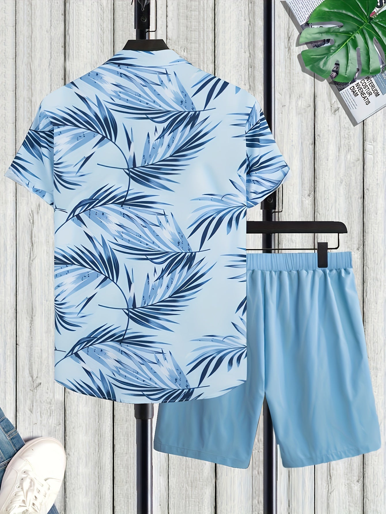 Men's 2pcs Set of Casual Leaf Print Collared Short-Sleeved Button-Up Shirt And Shorts, Suitable for Summer Outdoor Activities