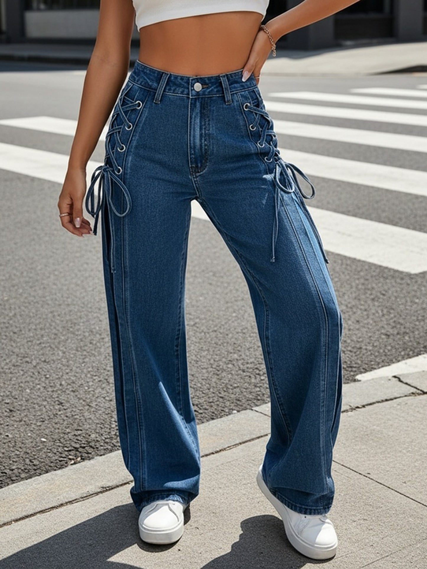 Plus Size Y2K Sexy Style Lace-Up Bow Loose Jeans