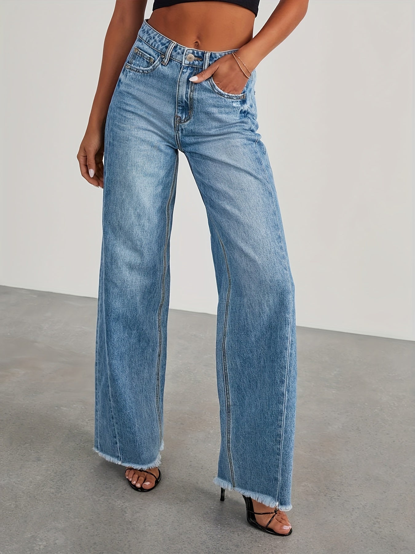 Women's High-Waisted Wide Leg Jeans - Casual Baggy Stretch Denim Pants with Pockets
