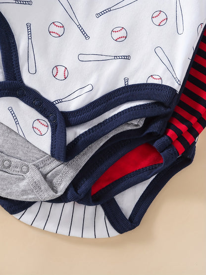 5pcs Set Of Baby Boys' Short Sleeved Cartoon Triangle Jumpsuit, Ha Yi, Baby Boys' Baseball Sports Crawling Suit, Perfect for Outdoor