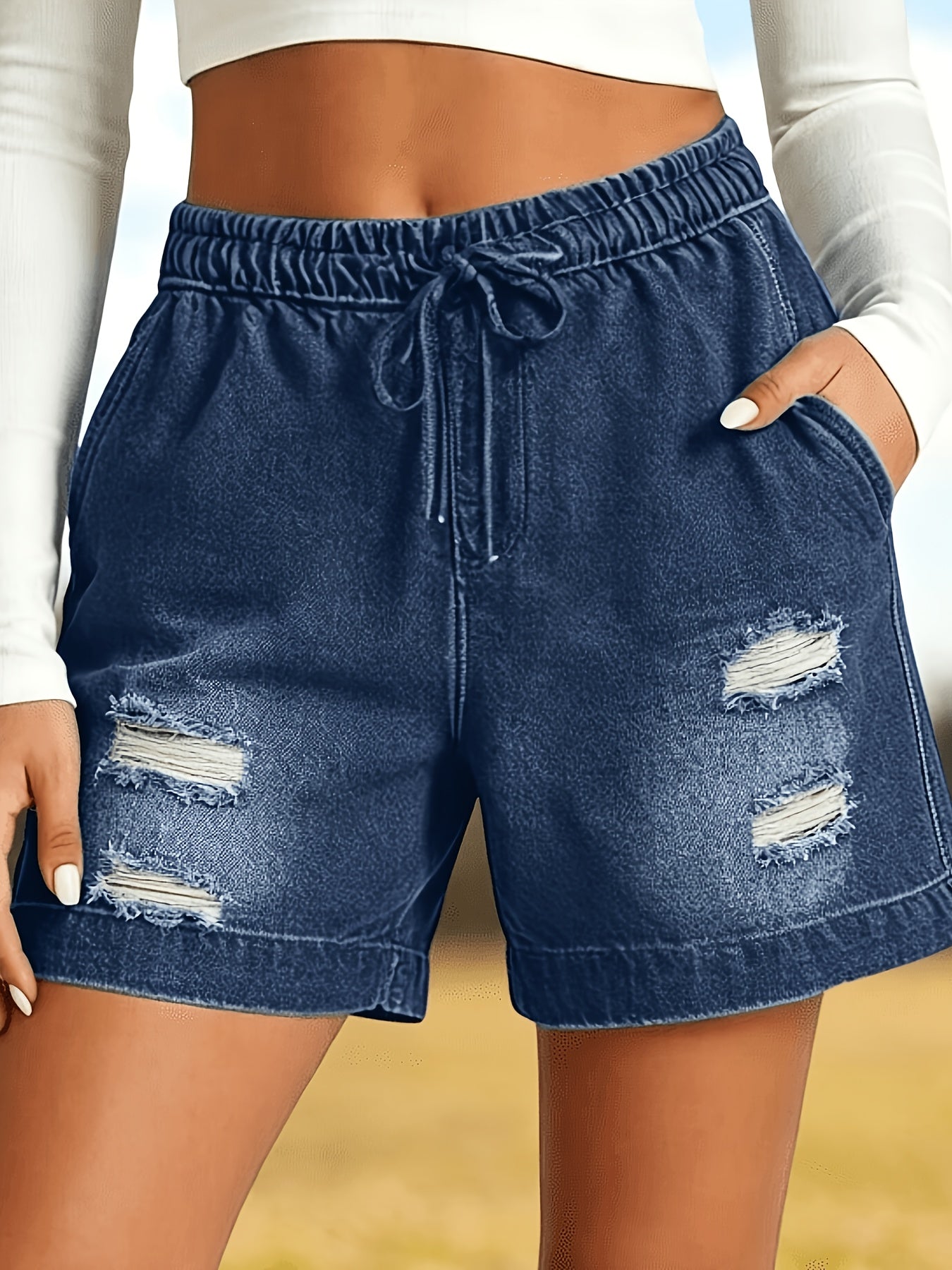 Women's Elastic Waist Drawstring Ripped Denim Shorts - Summer Loose Casual Denim Shorts with Pockets
