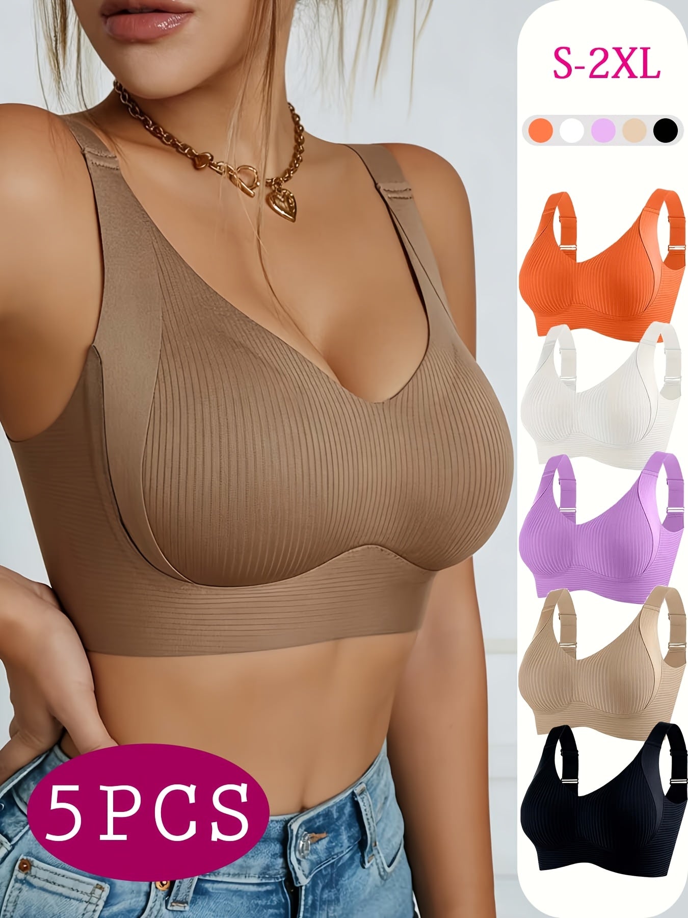 5pcs Ribbed Wireless Bra - High Elastic, Breathable & Strong Support | Comfortable No-Squeeze for Daily Wear, Yoga & Gym Workouts