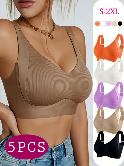 5pcs Ribbed Wireless Bra - High Elastic, Breathable & Strong Support | Comfortable No-Squeeze for Daily Wear, Yoga & Gym Workouts