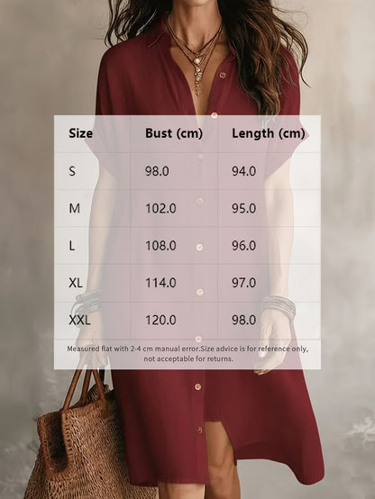 Shirt Dress, Fashionable and Casual, Solid Color, Short Sleeve, Buttoned, Mid-length Dress