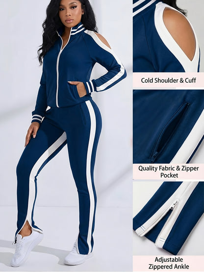 Women's 2pcs Athletic Tracksuit Set, Striped Contrast Shoulder Slit Top & Zipper Hem Sporty Pants, Activewear Lounge Set