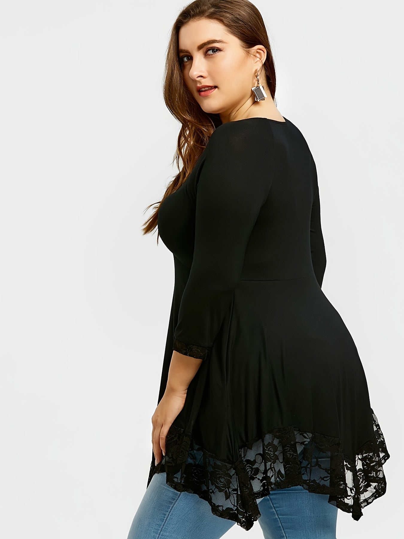 Plus Size - Plus Size - Floral Jacquard Lace Top in Plus Size - Stylish Contrast Edging, Round Neckline, Long Sleeves - Elegant Solid Tops for Curvy Women for Easy Fashion