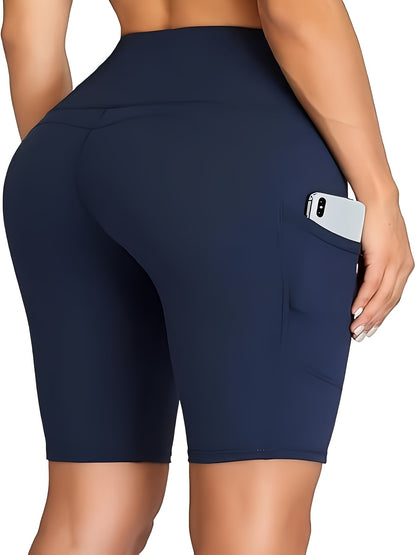 4pcs Women'S High-Waisted Tummy Control Yoga Shorts With Pockets For Running, Cycling, Fitness Breathable Fabric, Navy, Burgundy, Charcoal, Black Activewear, Gym Shorts, Running Gear, Functional Pockets, Thanksgiving Day Christmas Costumes For Women