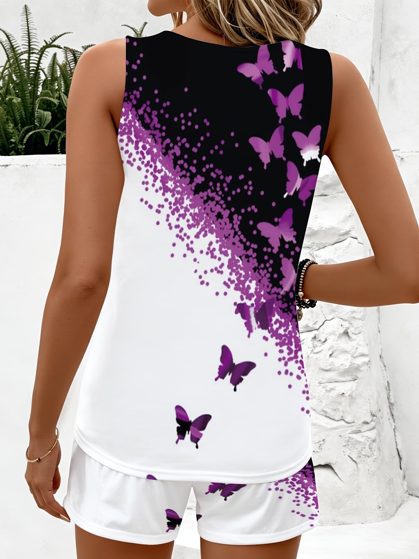 Butterfly Print Sleeveless Top And Shorts Set with Purple And White Gradient Design, Women'S Summer Fashion Outfit