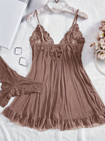 Big Size Sultry Valentine Lace Sleepwear Dress Set - Exquisite Lace, Flattering V-Neckline, Daring Backless Design, Delicate Ruffle Trim, Trendy Split Hem, Seductive Thong Detail, Ultra-Comfortable Fabric, Perfect for Romantic Night, Anniversary Gift