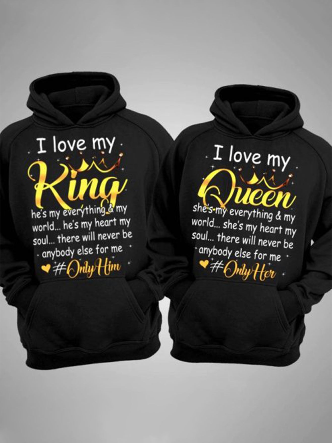 1 Piece I Love My King or I Love My Queen Hoodie - Bold and stylish black hoodie with decorative heart accents, perfect for couples to wear - Comfortably express your love and emotions, suitable for any occasion
