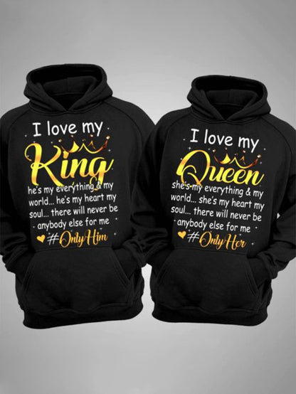 1 Piece I Love My King or I Love My Queen Hoodie - Bold and stylish black hoodie with decorative heart accents, perfect for couples to wear - Comfortably express your love and emotions, suitable for any occasion