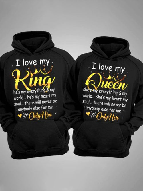 1 Piece I Love My King or I Love My Queen Hoodie - Bold and stylish black hoodie with decorative heart accents, perfect for couples to wear - Comfortably express your love and emotions, suitable for any occasion