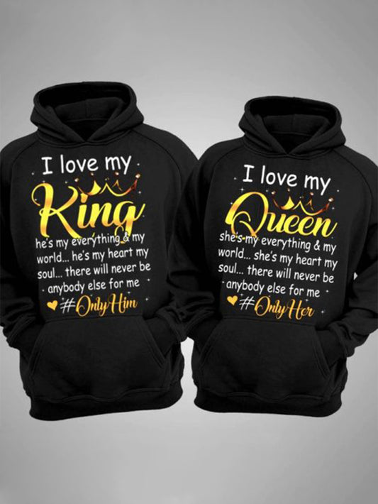 1 Piece I Love My King or I Love My Queen Hoodie - Bold and stylish black hoodie with decorative heart accents, perfect for couples to wear - Comfortably express your love and emotions, suitable for any occasion