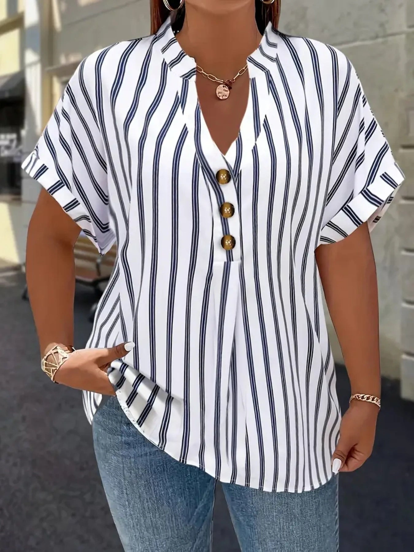 Plus Size, Striped Notch V-Neck Shirt with Faux Buttons Short Sleeve Simple and Plus-Size for Women Casual Top