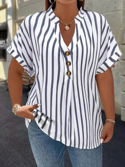 Plus Size, Striped Notch V-Neck Shirt with Faux Buttons Short Sleeve Simple and Plus-Size for Women Casual Top
